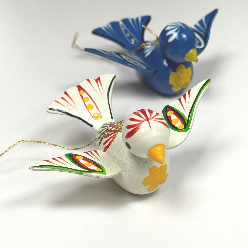 Vintage Hand Painted Wood Bird Ornaments Set of 2 Blue White Folk Art Figurines